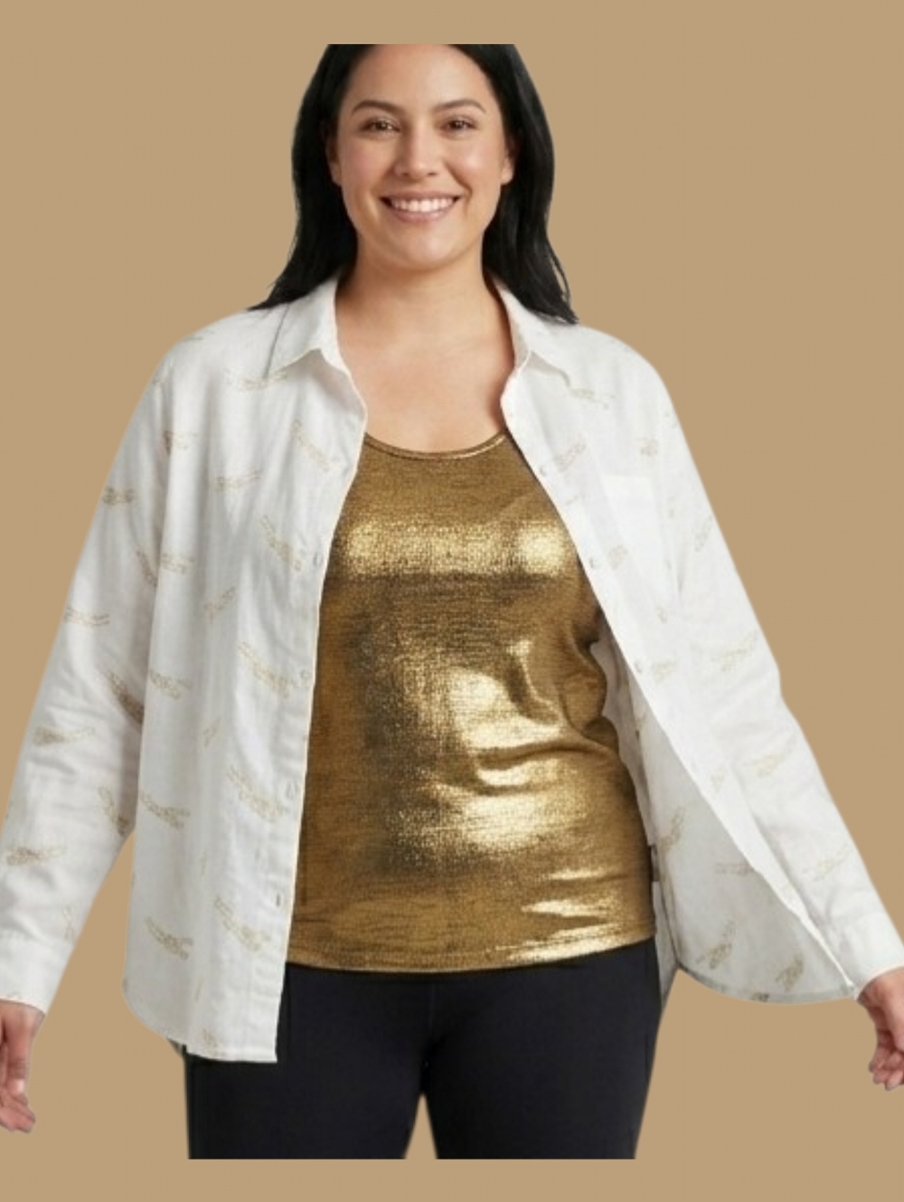 Linen Blend Golden Cheetah Print Blouse Top Button Front Shirt White Size L